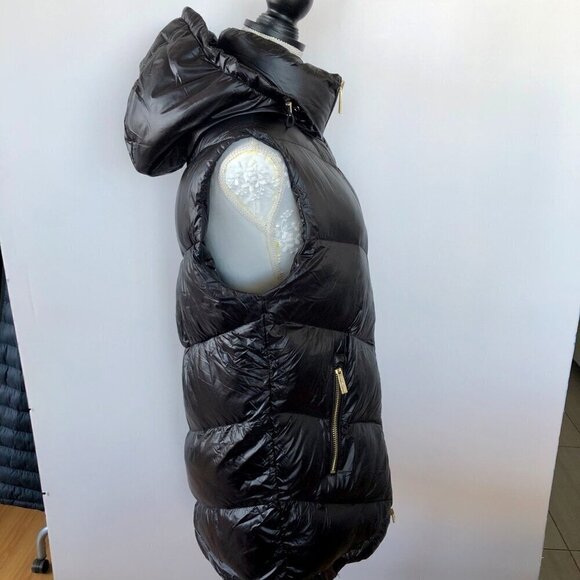 MICHAEL KORS Black Quilted Puffer Hoodie Vest Long Tunic Length high neck Gold S - Picture 7 of 16